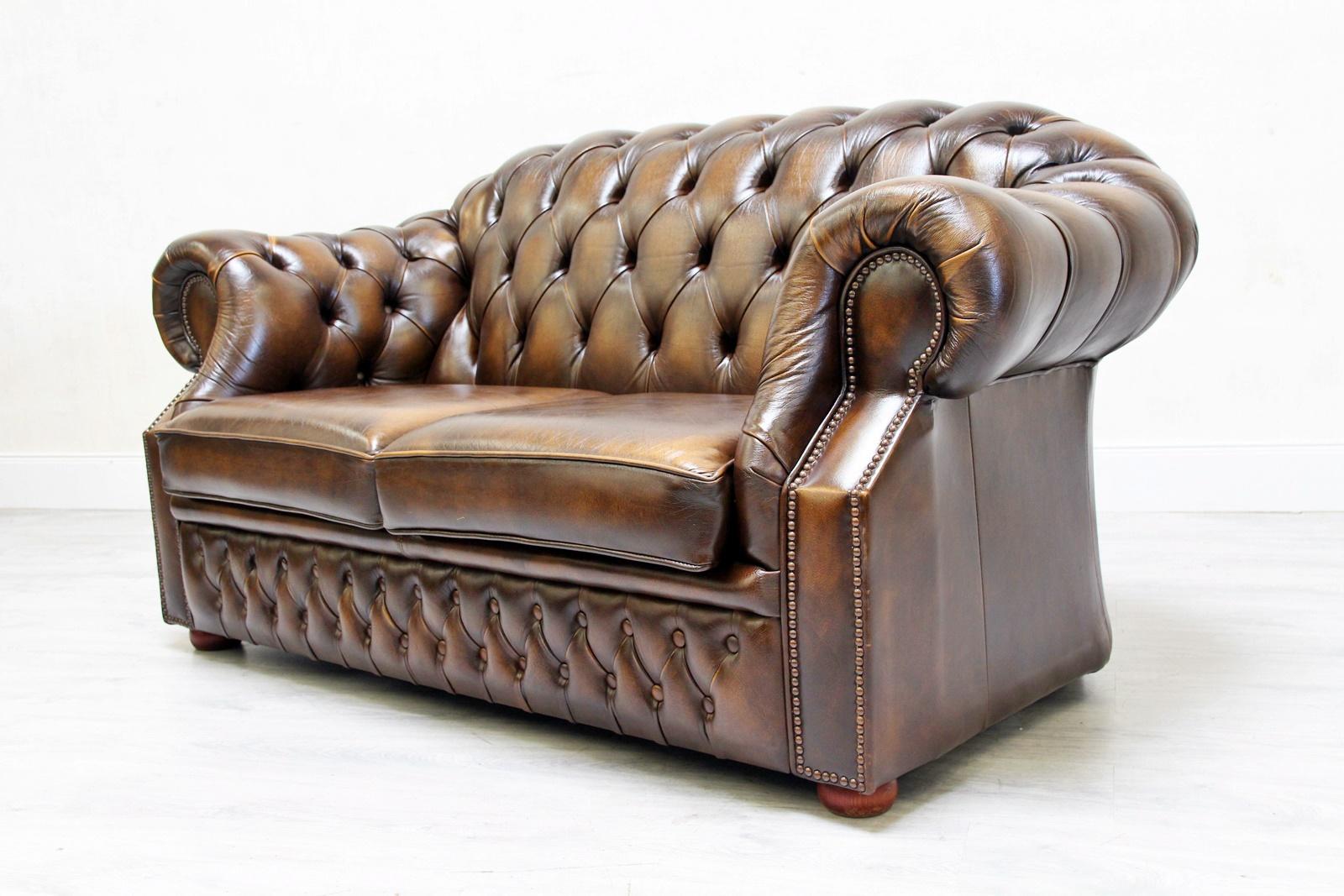 Chesterfield Sofa Set Armchair Genuine Leather Couch Antique For Sale 12