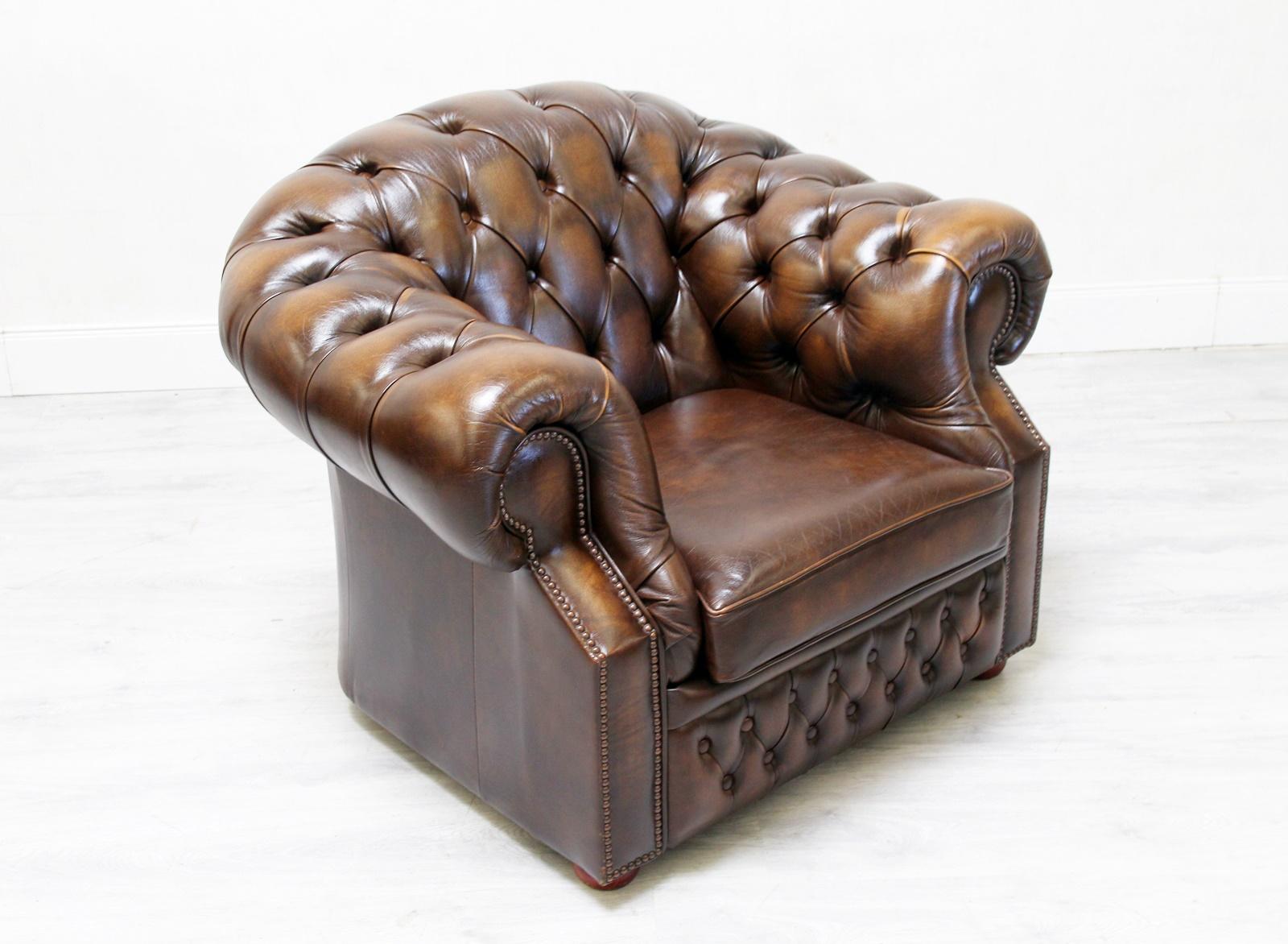 Chesterfield Sofa Set Armchair Genuine Leather Couch Antique For Sale 1