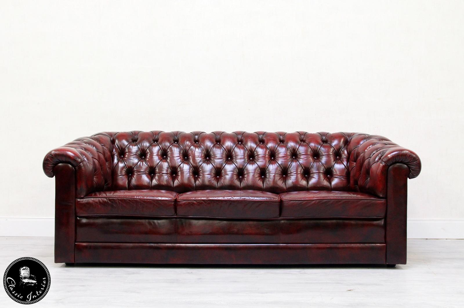 Chesterfield Sofa Set Armchair Genuine Leather Couch Antique Oxblood For Sale 6