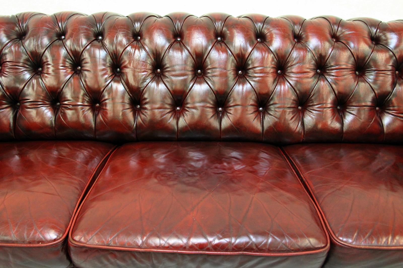 Chesterfield Sofa Set Armchair Genuine Leather Couch Antique Oxblood For Sale 7