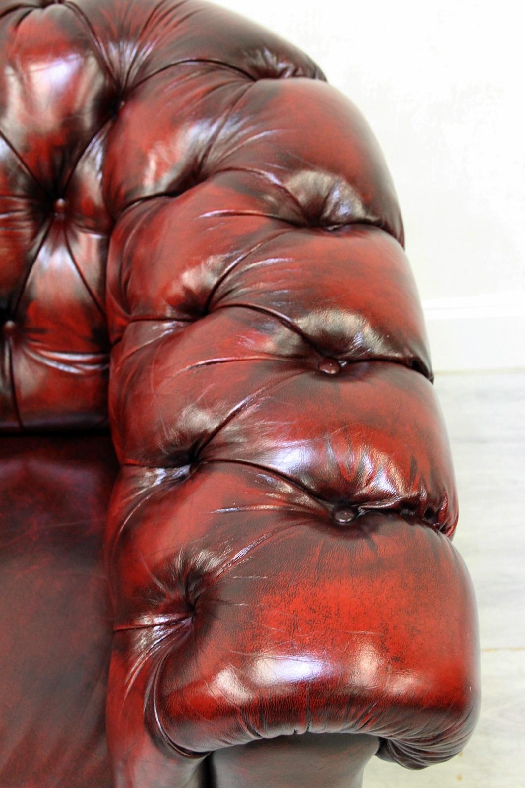 Chesterfield Sofa Set Armchair Genuine Leather Couch Antique Oxblood For Sale 8
