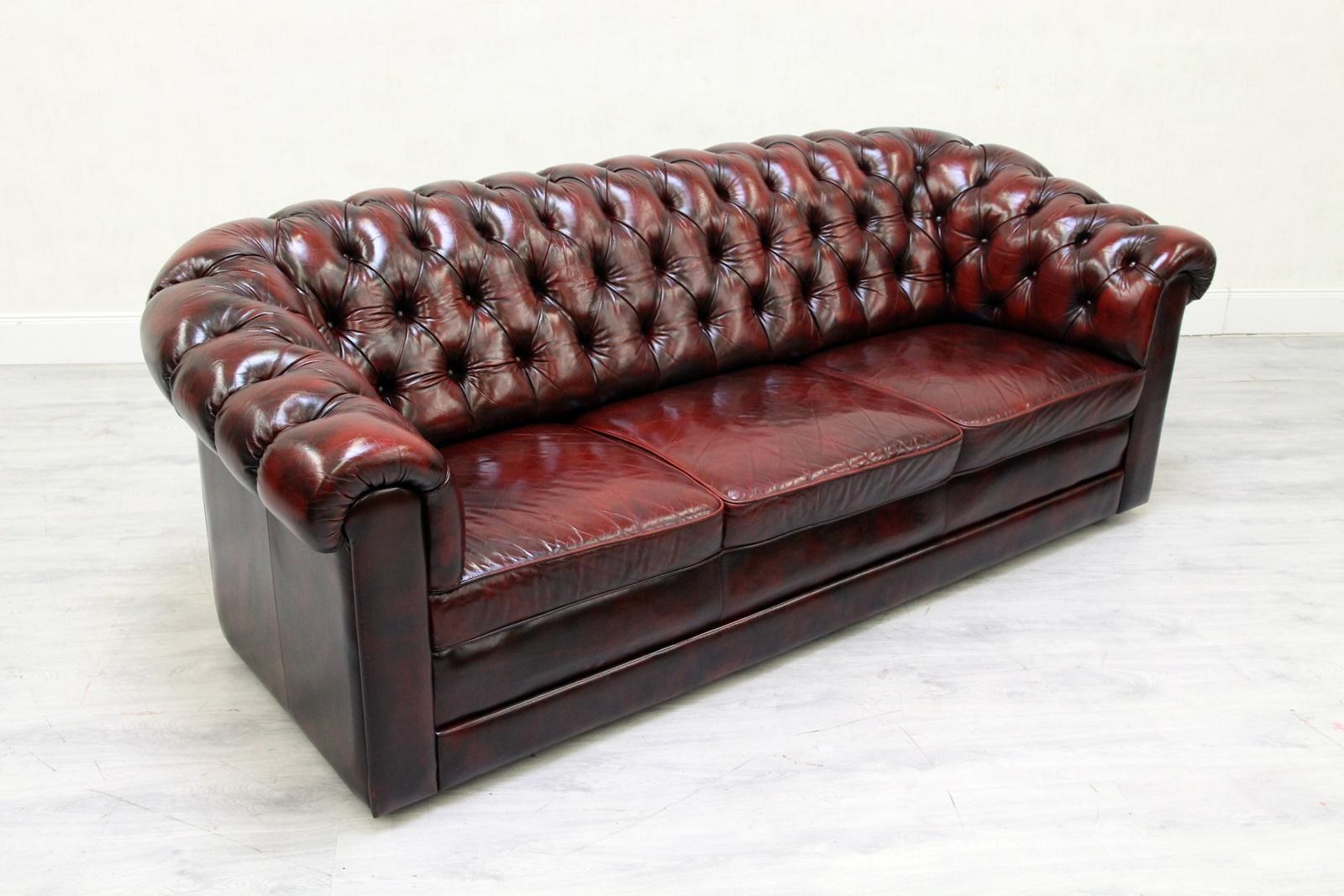 Chesterfield Sofa Set Armchair Genuine Leather Couch Antique Oxblood For Sale 11