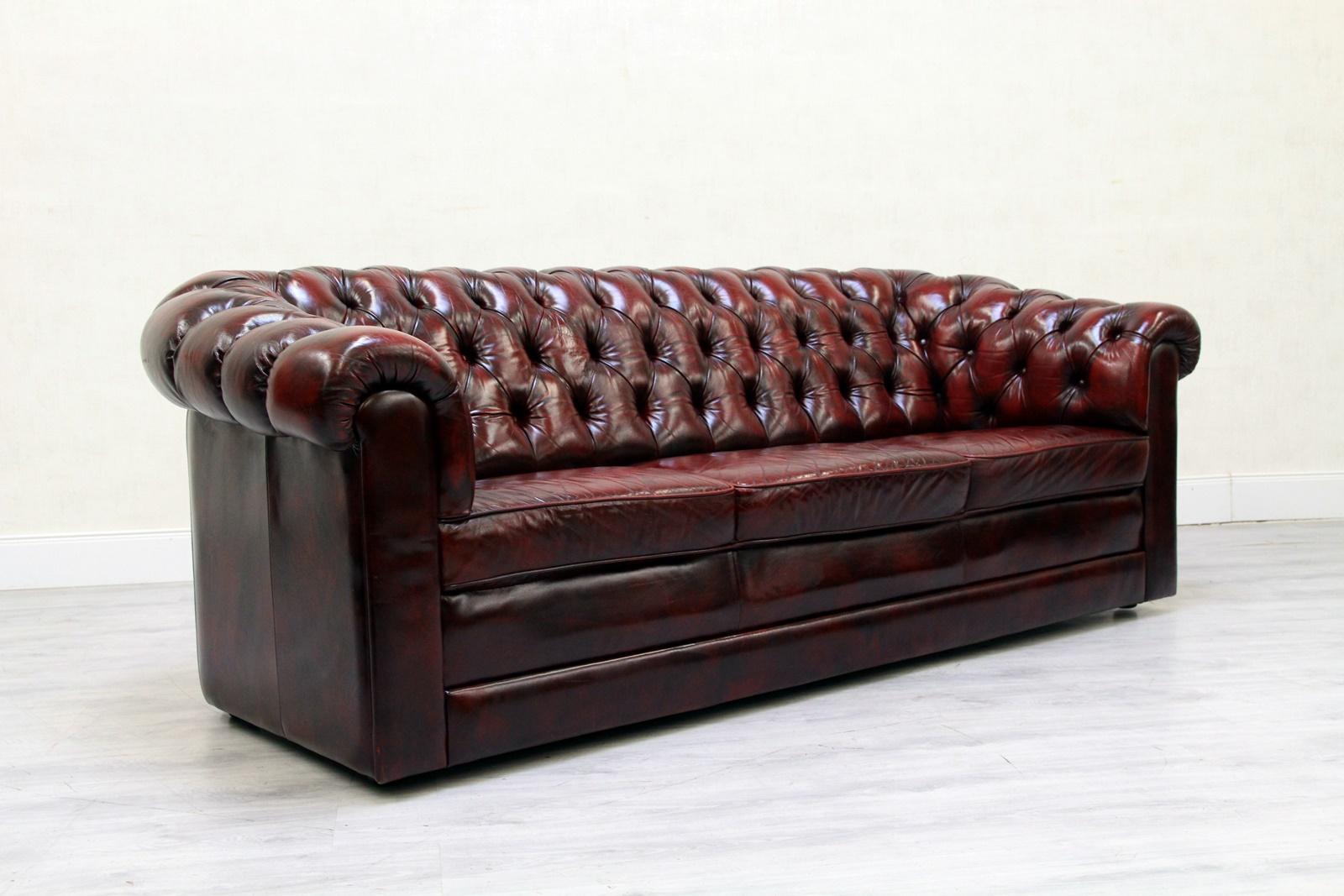 Chesterfield Sofa Set Armchair Genuine Leather Couch Antique Oxblood For Sale 12