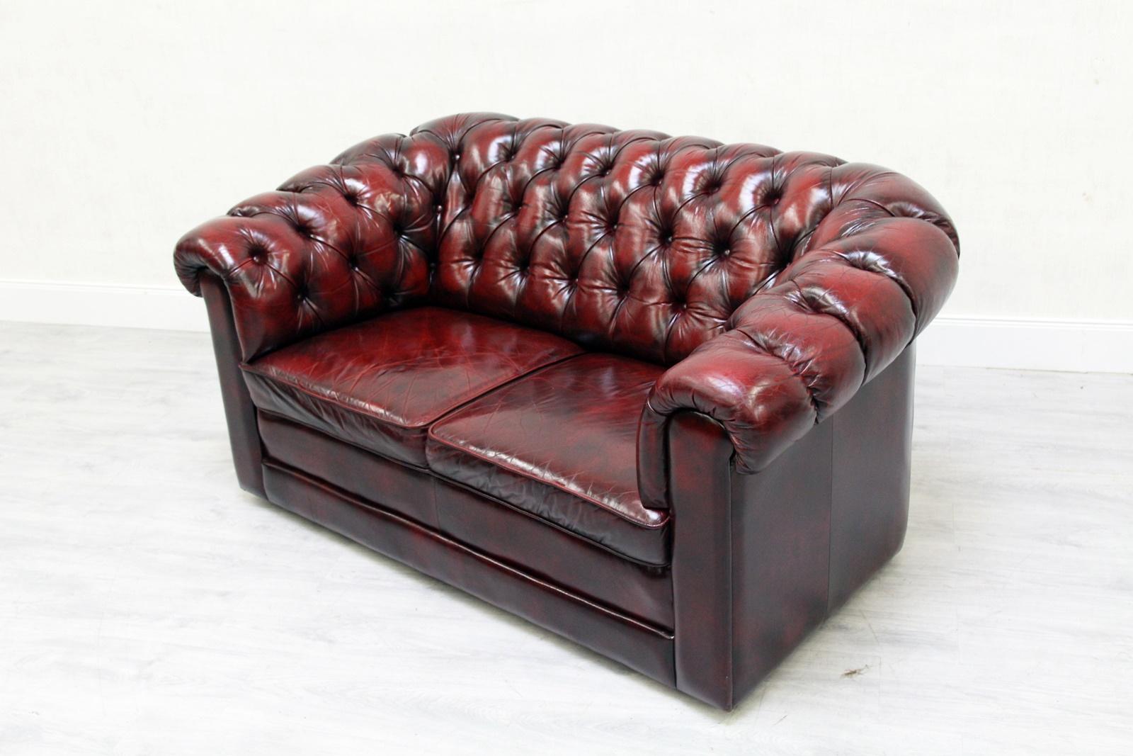 Late 20th Century Chesterfield Sofa Set Armchair Genuine Leather Couch Antique Oxblood For Sale