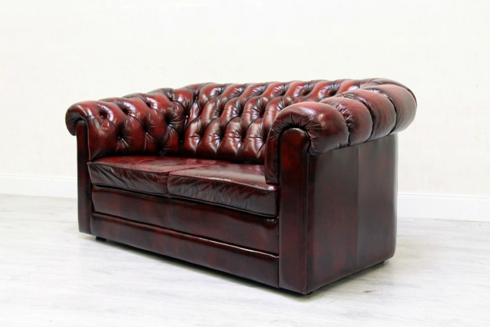 Chesterfield Sofa Set Armchair Genuine Leather Couch Antique Oxblood For Sale 1