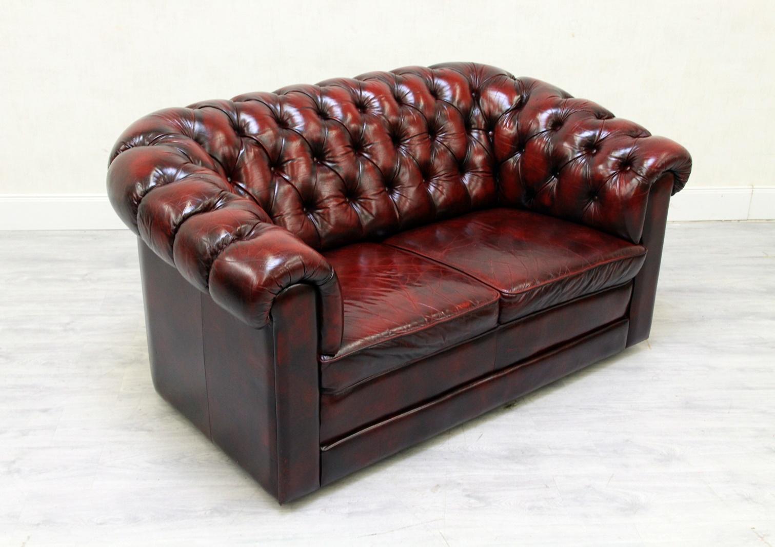 Chesterfield Sofa Set Armchair Genuine Leather Couch Antique Oxblood For Sale 2