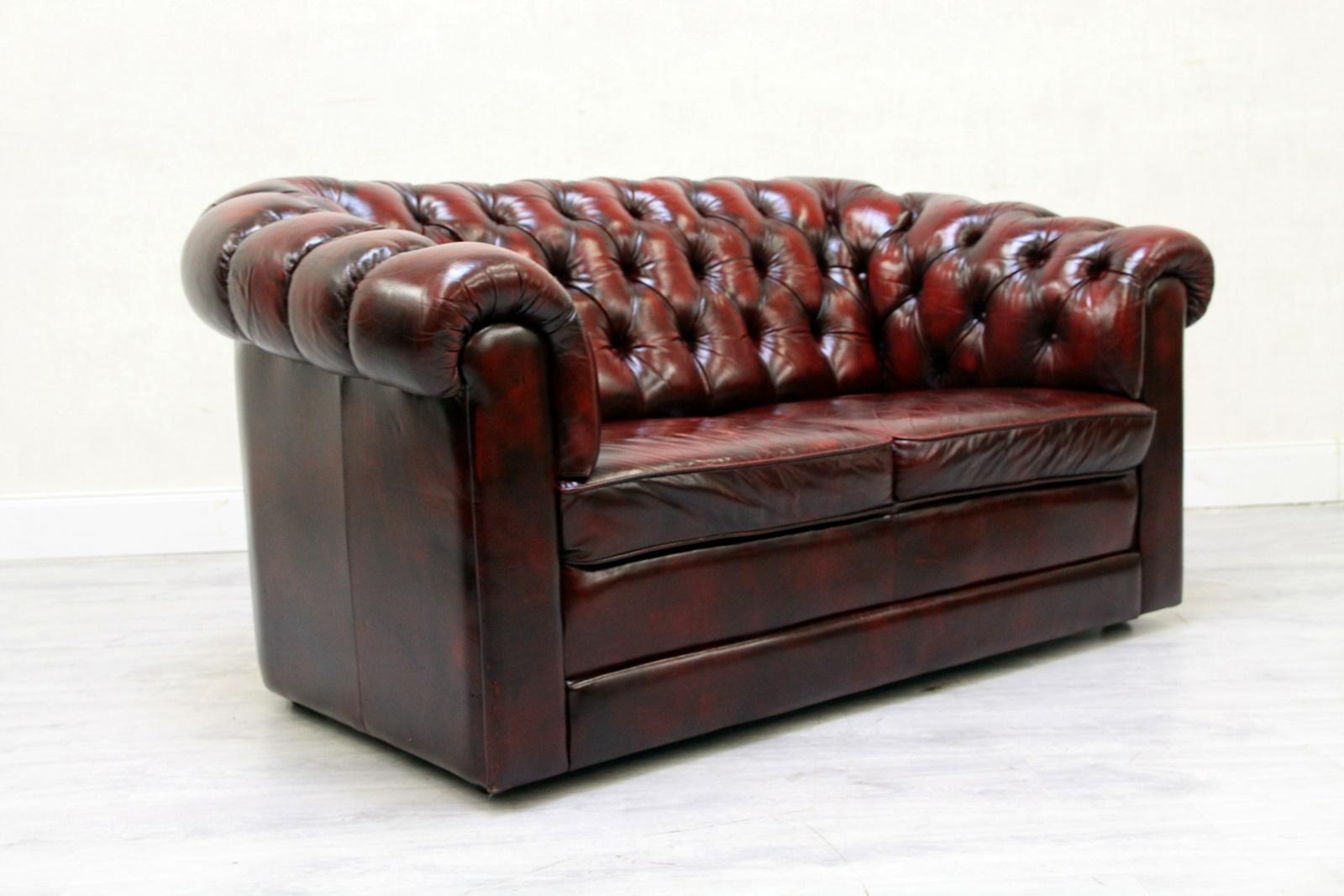 Chesterfield Sofa Set Armchair Genuine Leather Couch Antique Oxblood For Sale 3