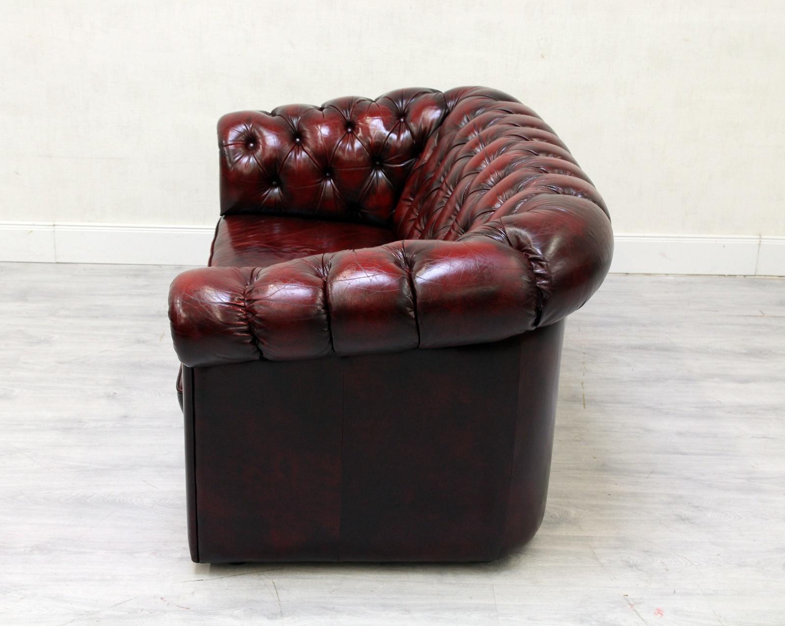 Chesterfield Sofa Set Armchair Genuine Leather Couch Antique Oxblood For Sale 4