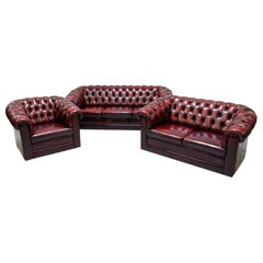 Chesterfield Sofa Set Armchair Genuine Leather Couch Antique Oxblood