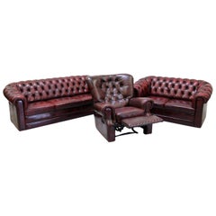 Chesterfield Sofa Set Armchair Genuine Leather Couch Antique Oxblood