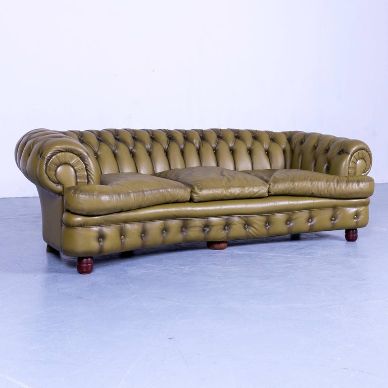 Chesterfield Sofa Set Green ThreeSeat Footstool Leather Couch Vintage
