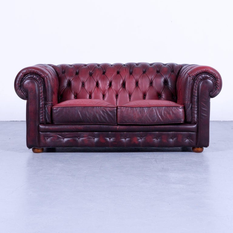 Chesterfield Sofa Set Red Leather Couch Vintage Retro Rivets For Sale