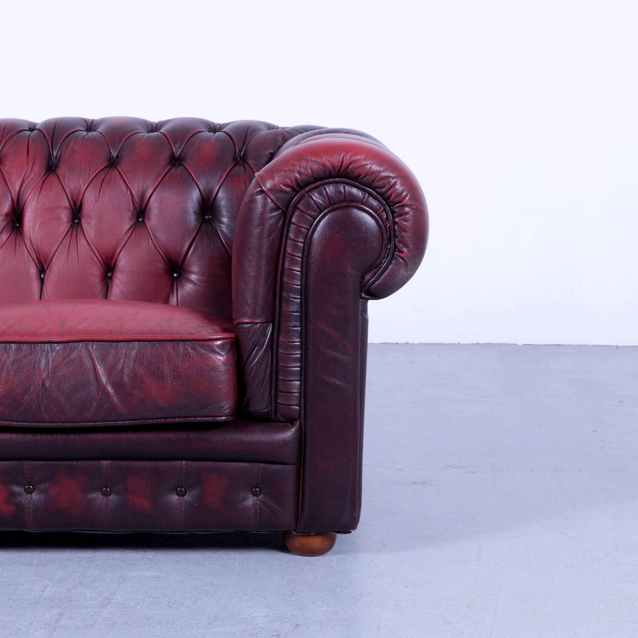 British Chesterfield Sofa Set Red Leather Couch Vintage Retro Rivets For Sale
