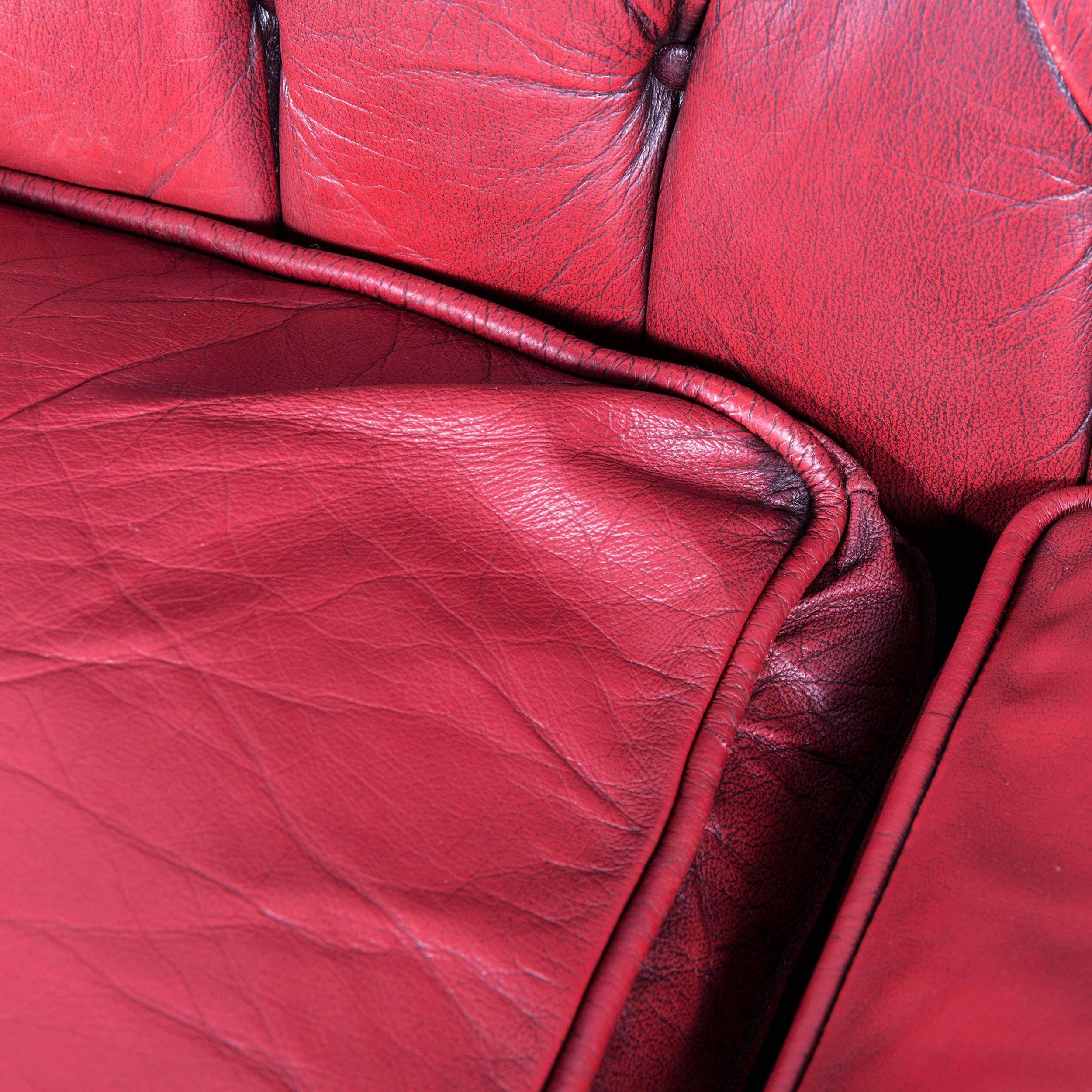 20th Century Chesterfield Sofa Set Red Leather Couch Vintage Retro Rivets For Sale