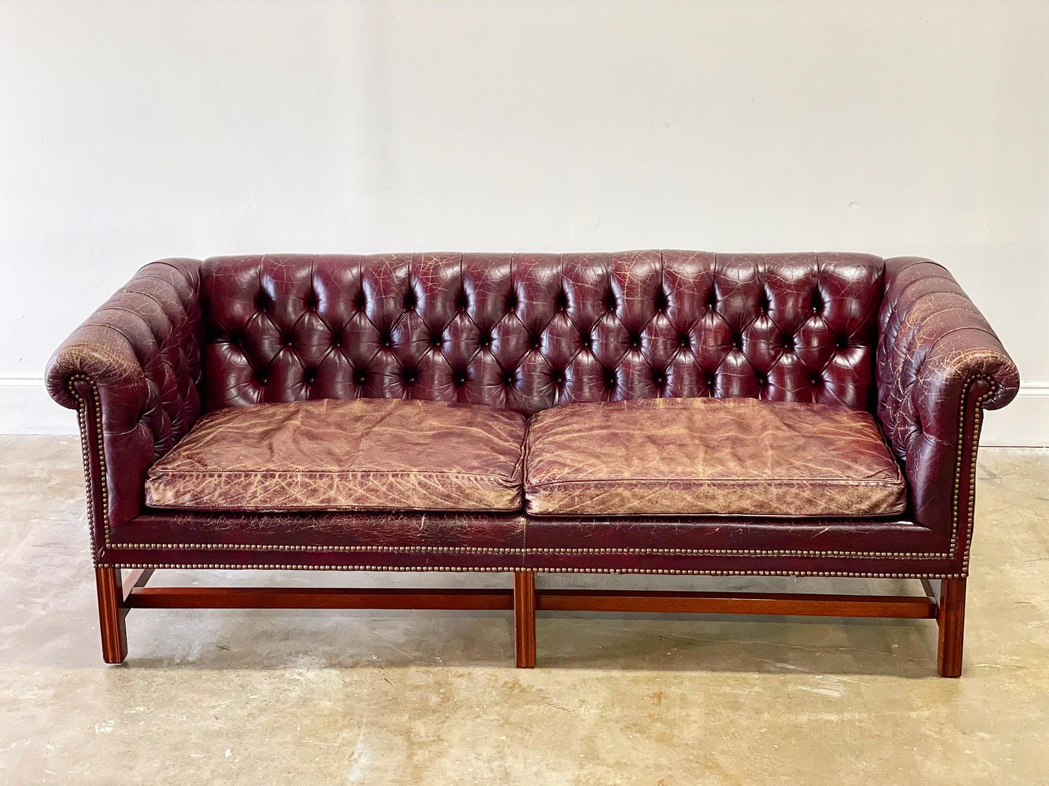 Chesterfield Sofa, Vintage Georgian Style in Ox Blood Leather and Mahogany In Good Condition In Decatur, GA