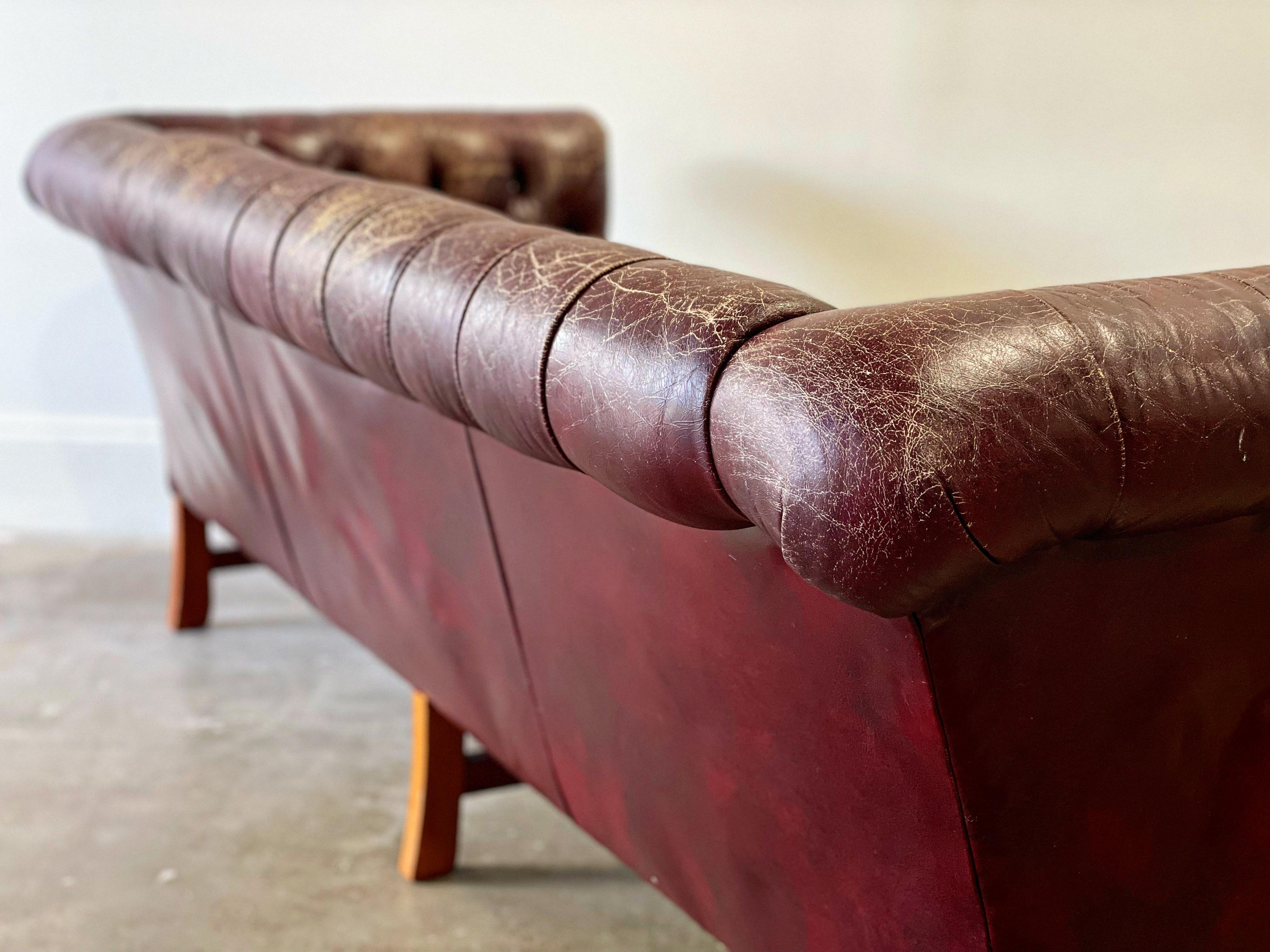 Brass Chesterfield Sofa, Vintage Georgian Style in Ox Blood Leather and Mahogany