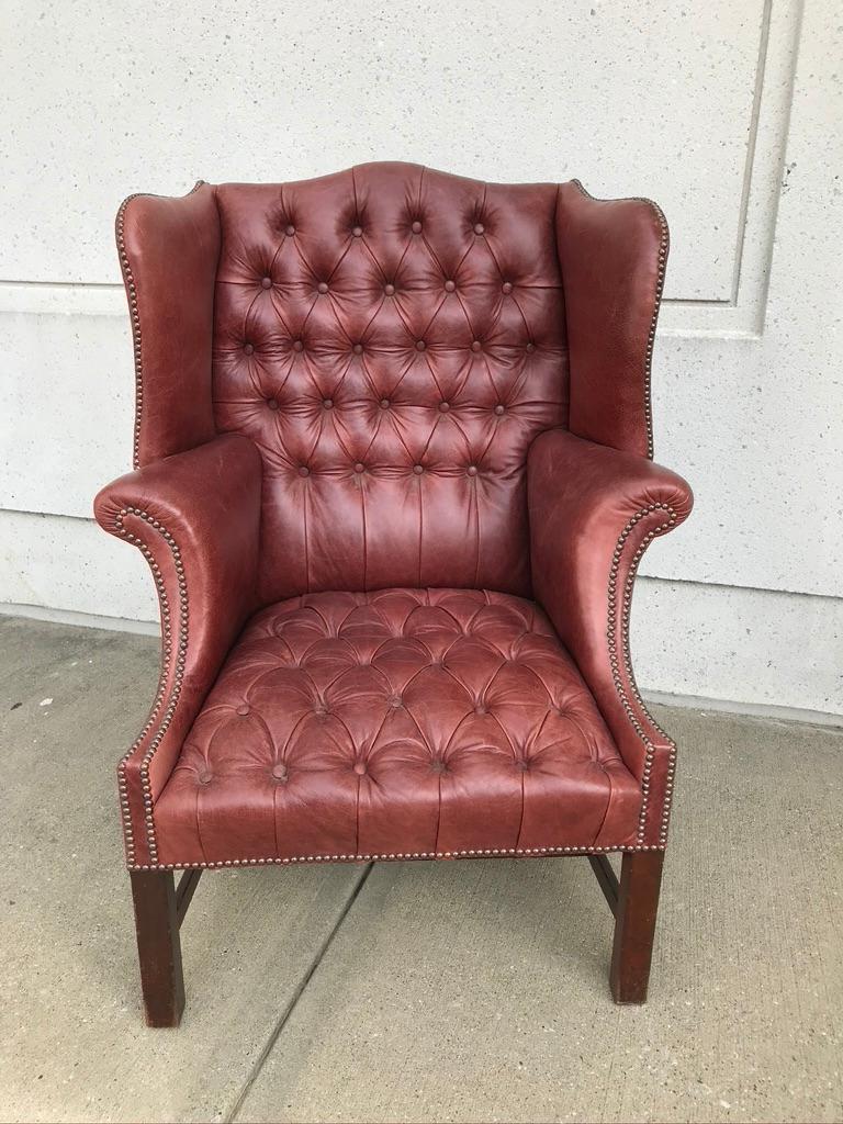 English Chesterfield Studded and Buttoned Burgundy Leather Armchair