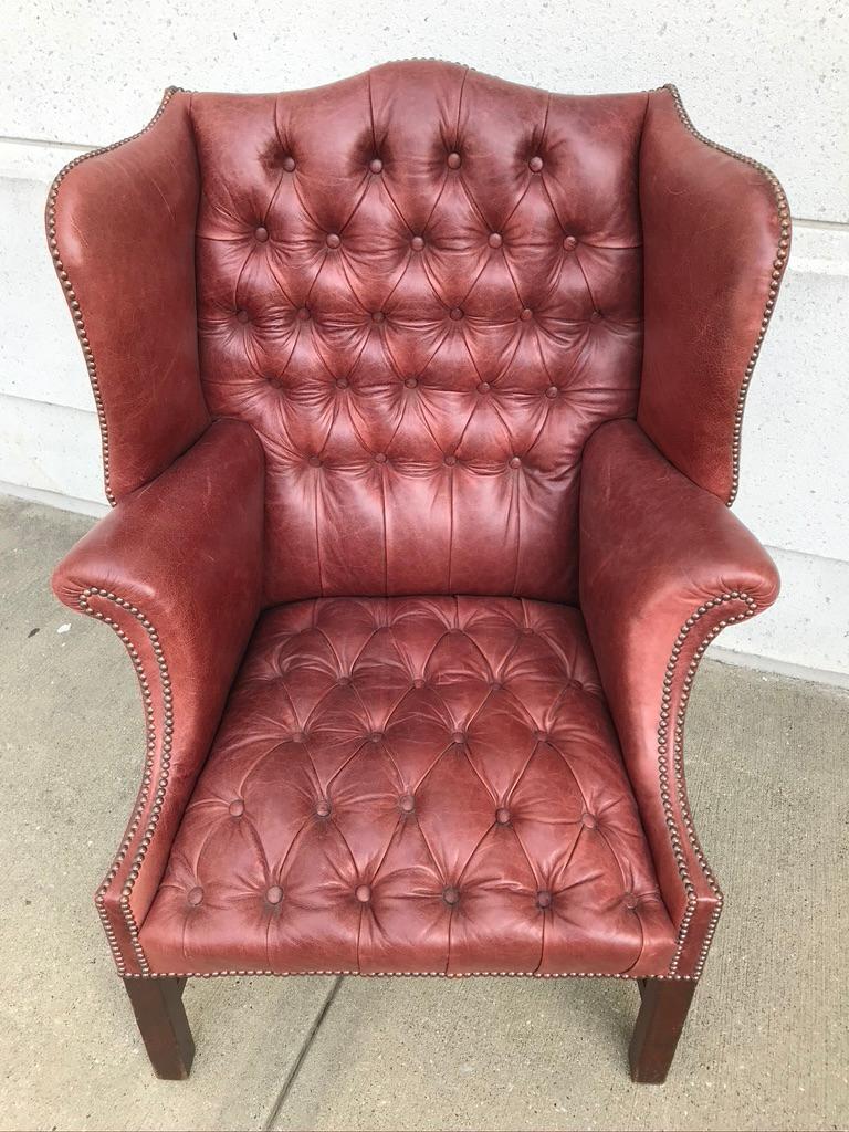 19th Century Chesterfield Studded and Buttoned Burgundy Leather Armchair
