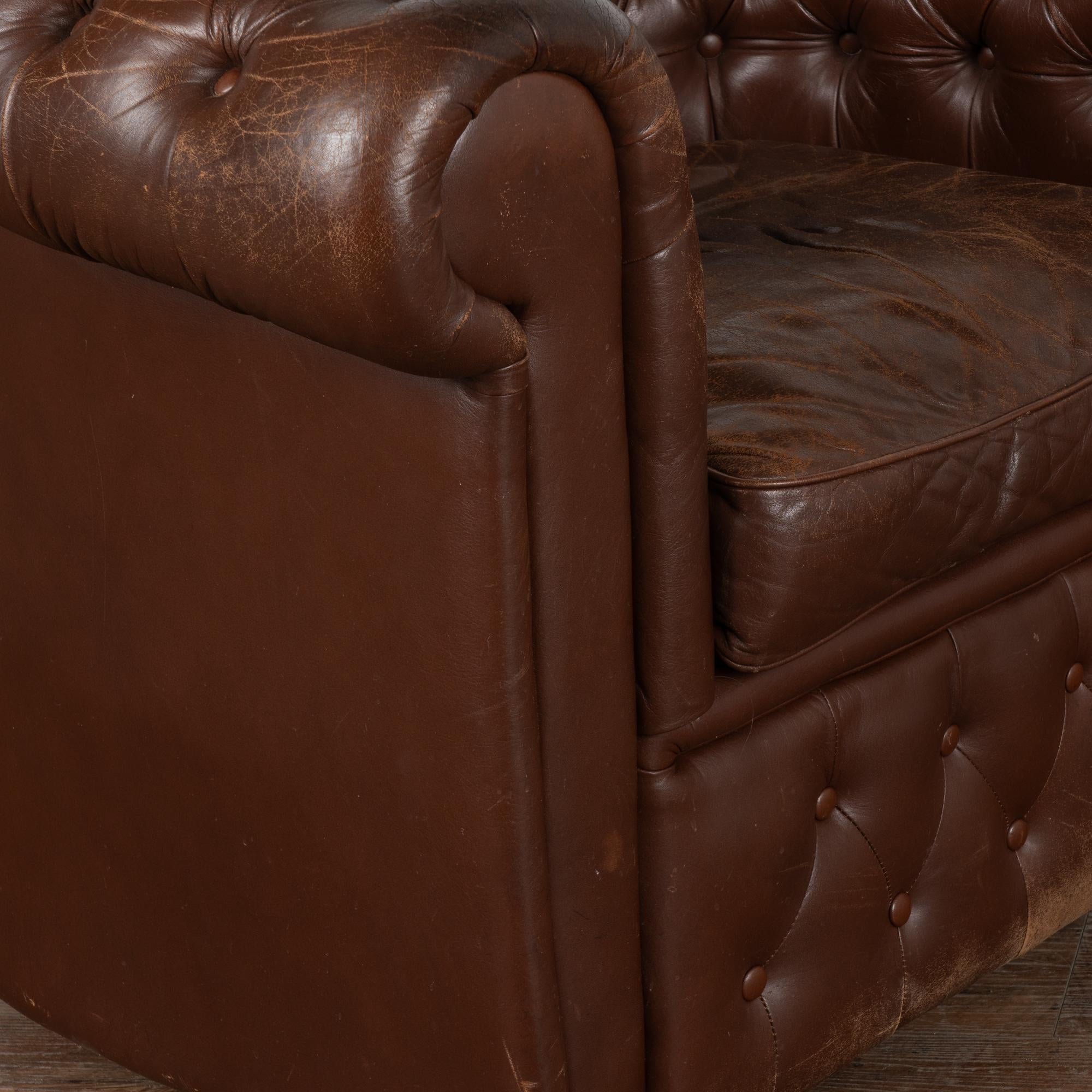 Chesterfield Style Brown Leather 3 Seat Sofa & 2 Club Chairs, circa 1920-40 For Sale 5
