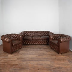 Chesterfield Style Brown Leather 3 Seat Sofa & 2 Club Chairs, circa 1920-40