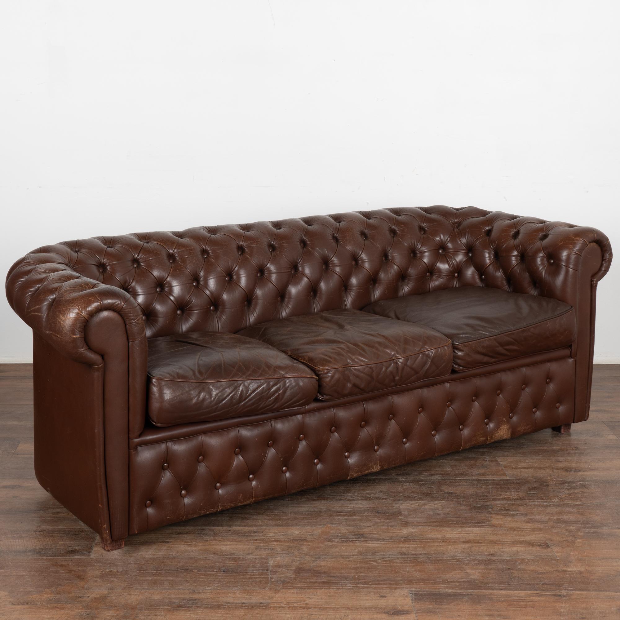 Danish Chesterfield Style Brown Leather 3 Seat Sofa & 2 Club Chairs, circa 1920-40 For Sale