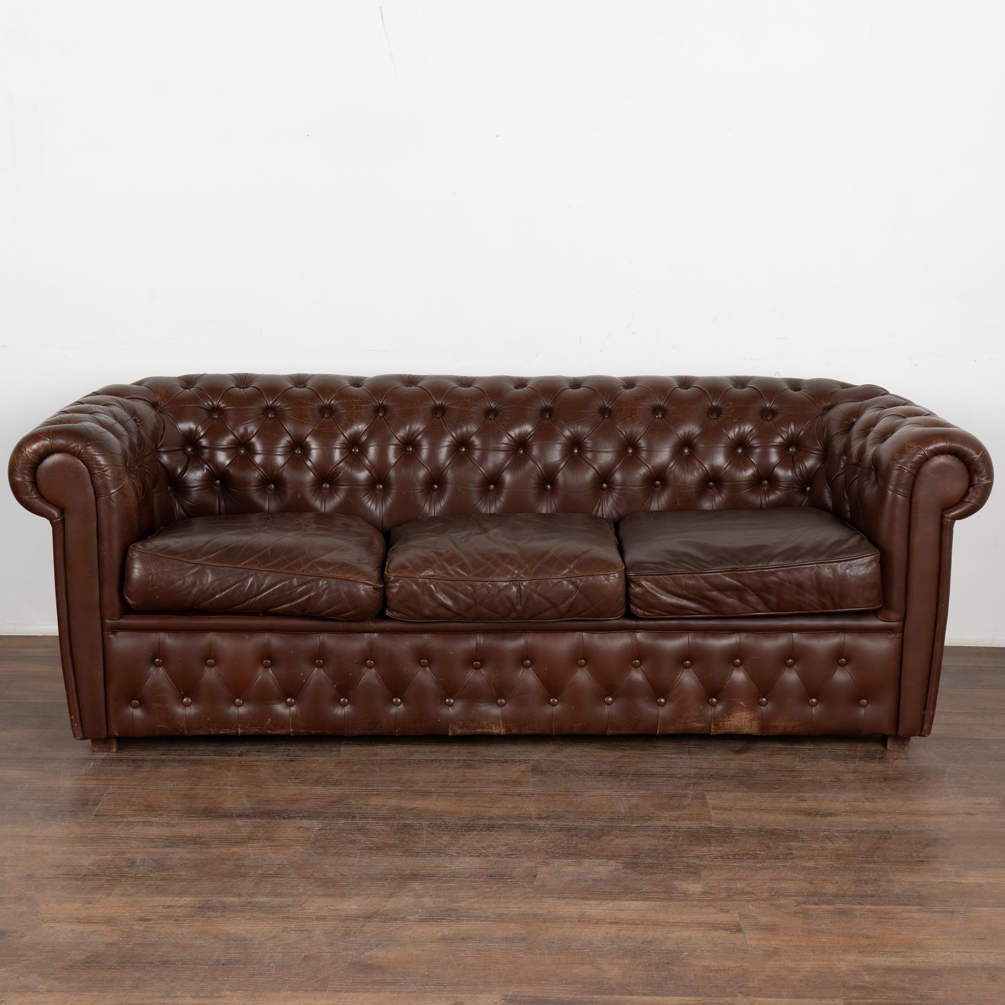 20th Century Chesterfield Style Brown Leather 3 Seat Sofa & 2 Club Chairs, circa 1920-40 For Sale