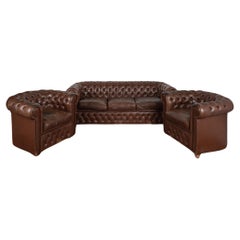 Used Chesterfield Style Brown Leather 3 Seat Sofa & 2 Club Chairs, circa 1920-40