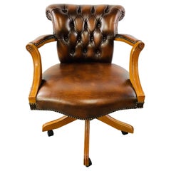 Chesterfield Style Brown Leather Upholstered Captain or Office Chair