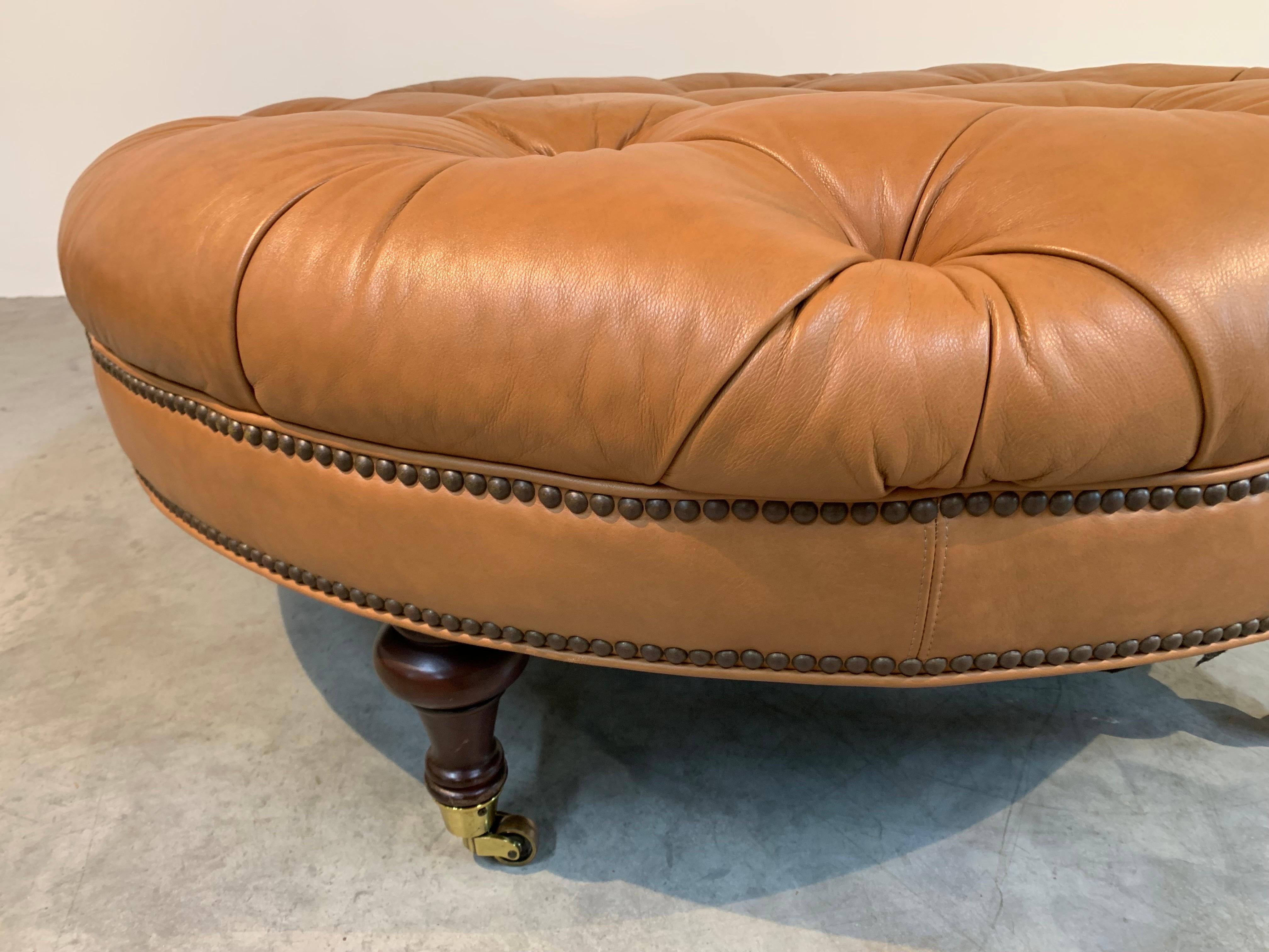 Turned Chesterfield Style Leather Tufted Cocktail Ottoman By Pearson 