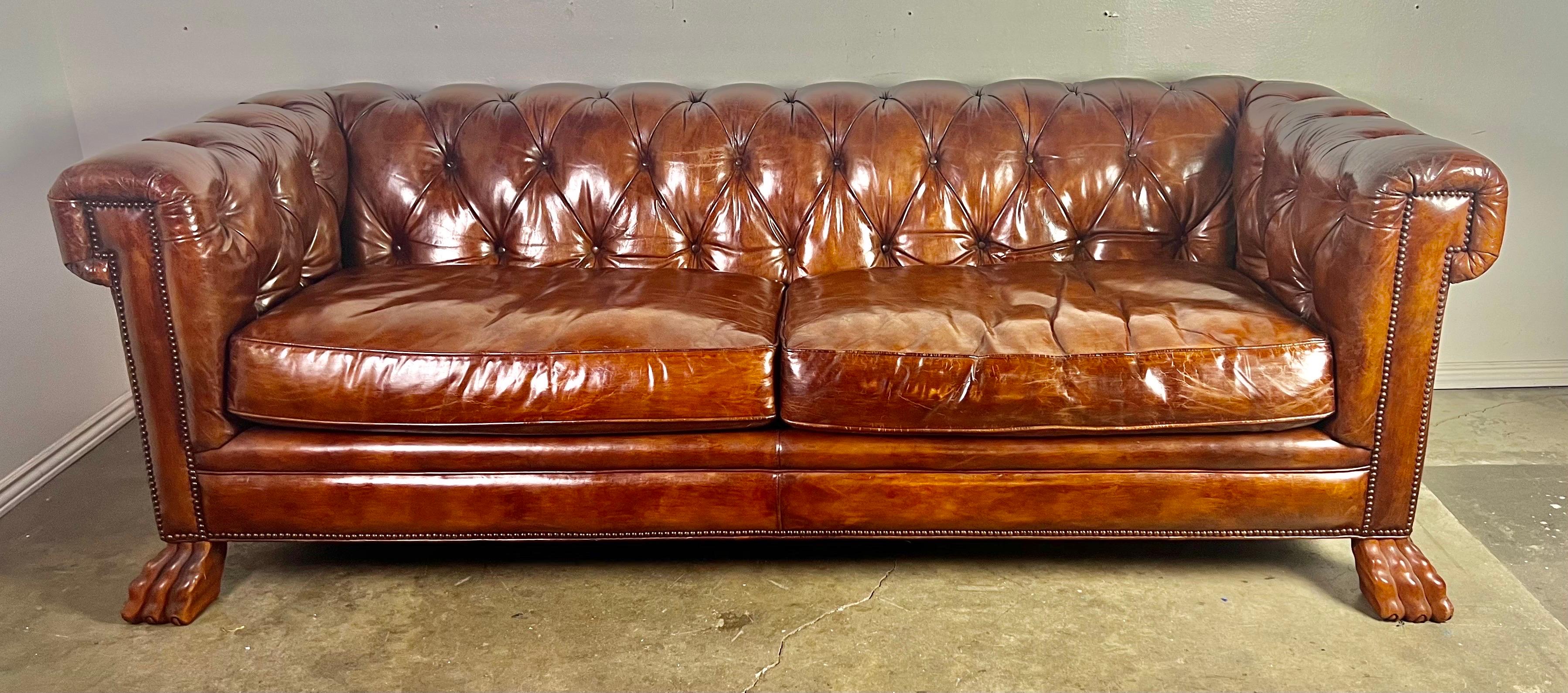 Chesterfield Style Leather Tufted Sofa w/ Carved Paw Feet 3