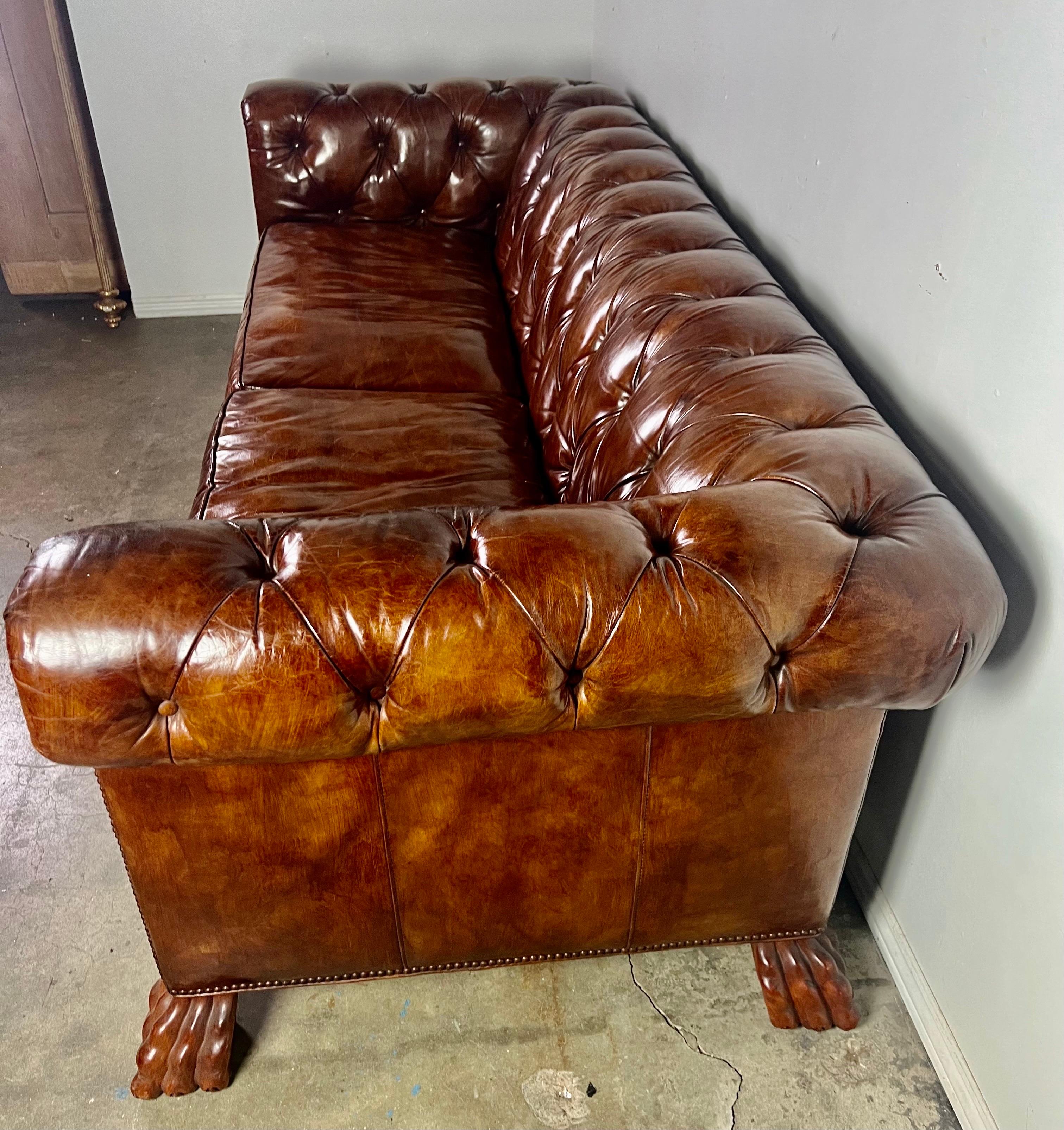 Chesterfield Style Leather Tufted Sofa w/ Carved Paw Feet 4