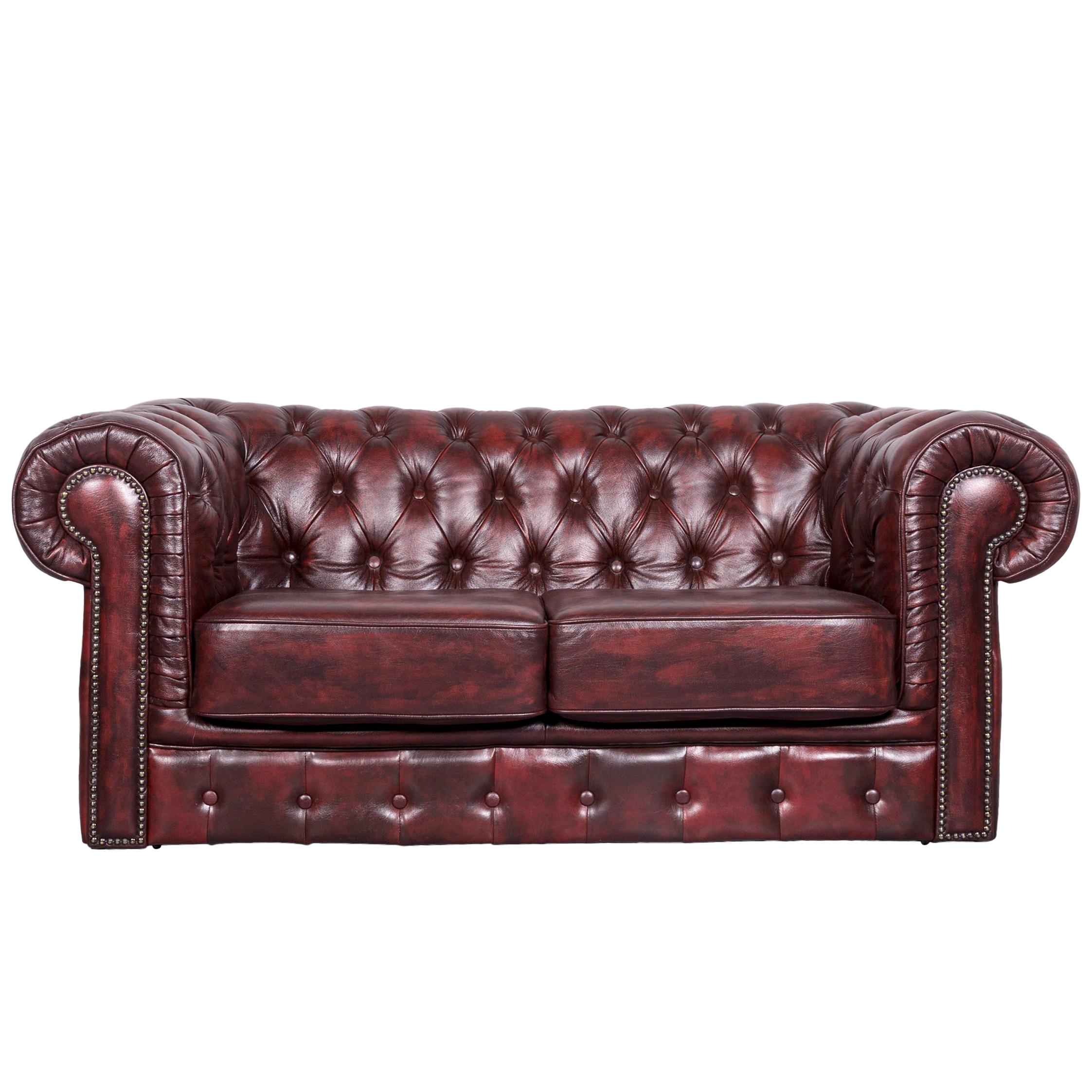 Chesterfield Style Vintage Leather Sofa Two-Seat Couch Red