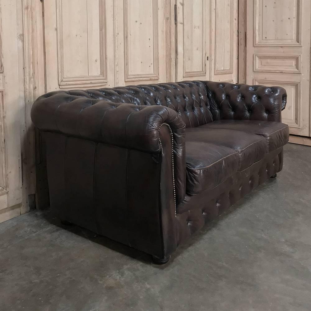 English Chesterfield Three-Seat Brown Leather Sofa