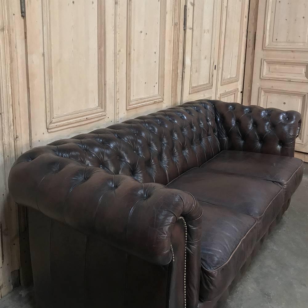Dyed Chesterfield Three-Seat Brown Leather Sofa