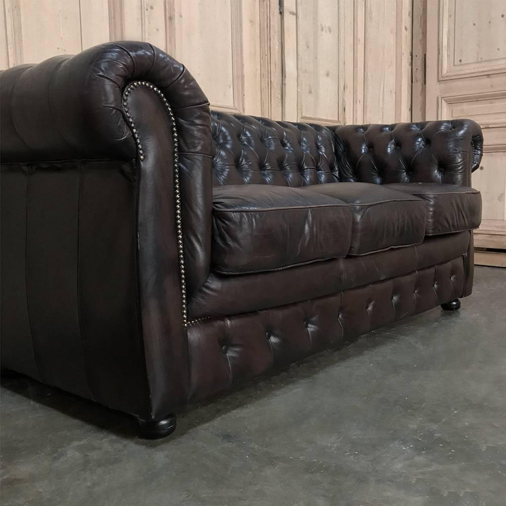 Chesterfield Three-Seat Brown Leather Sofa In Good Condition In Dallas, TX