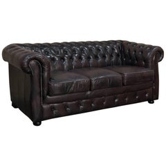 Vintage Chesterfield Three-Seat Brown Leather Sofa
