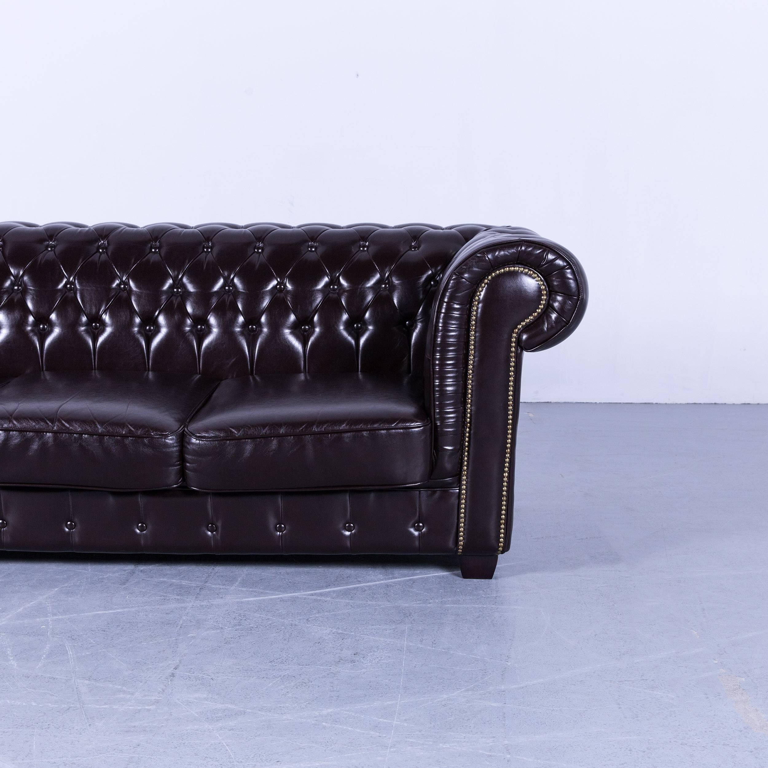 Chesterfield Three-Seat Sofa Brown Leather Couch Vintage Retro Rivets In Good Condition In Cologne, DE