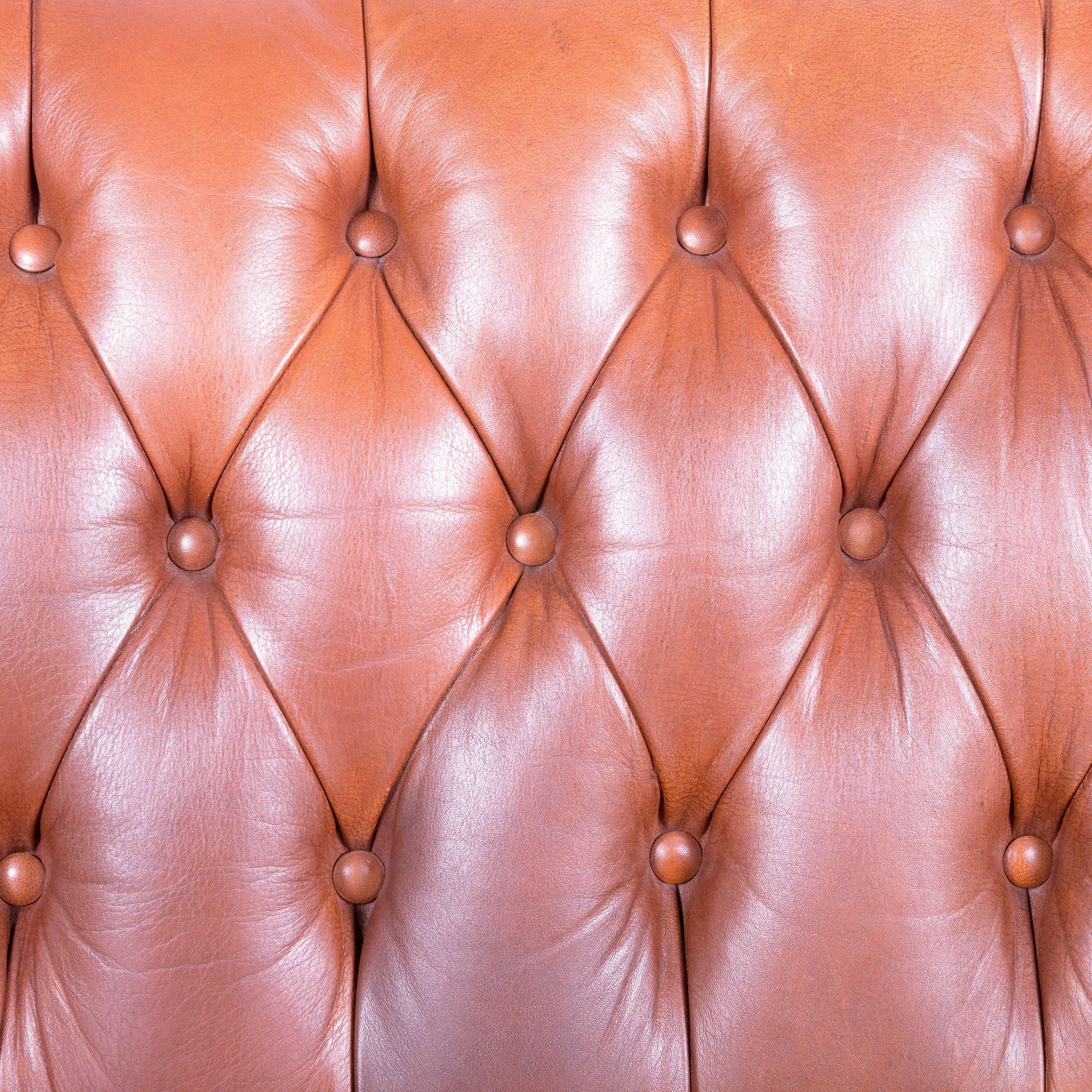 British Chesterfield Three-Seat Sofa Brown Leather Couch Vintage Retro Rivets For Sale