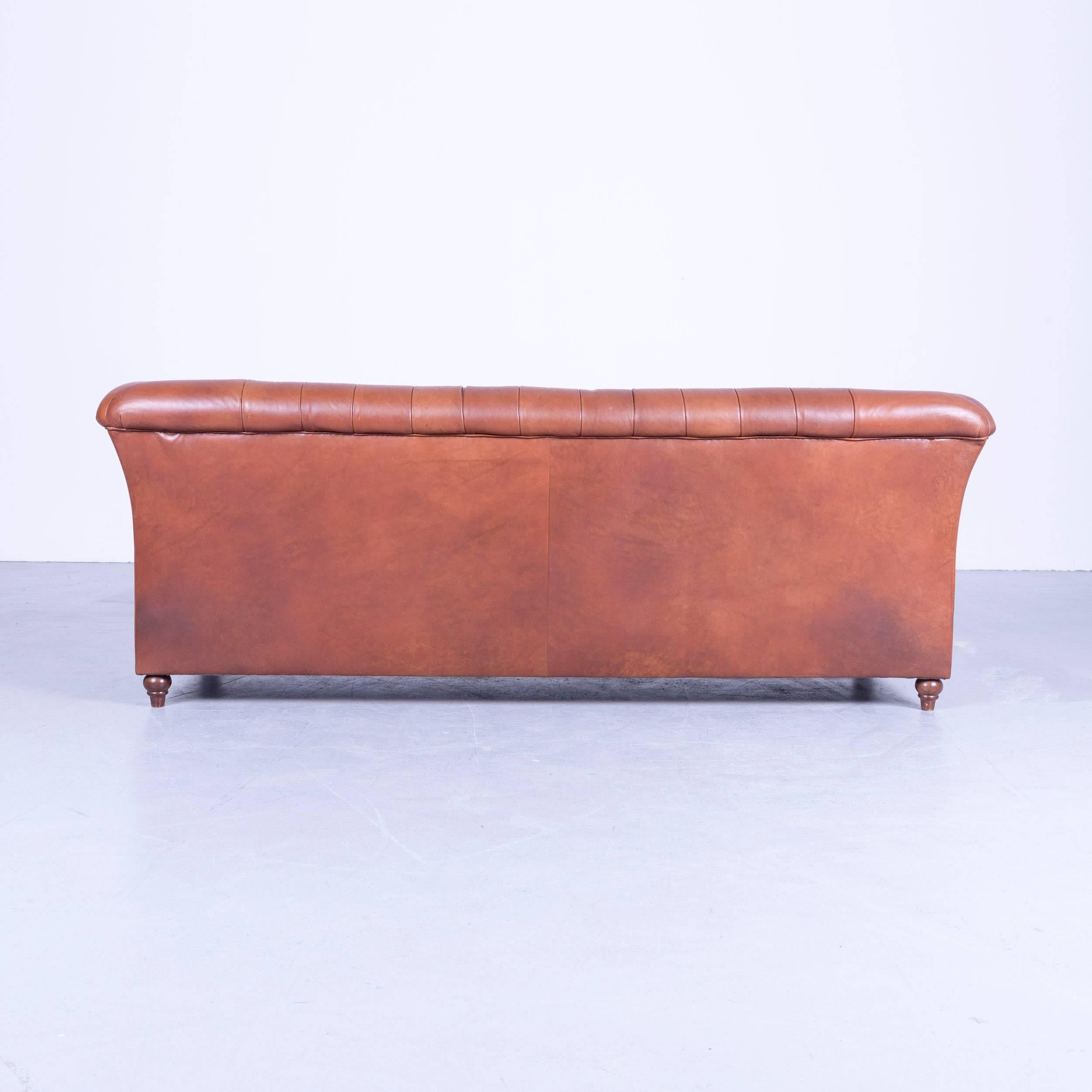 20th Century Chesterfield Three-Seat Sofa Brown Leather Couch Vintage Retro Rivets For Sale