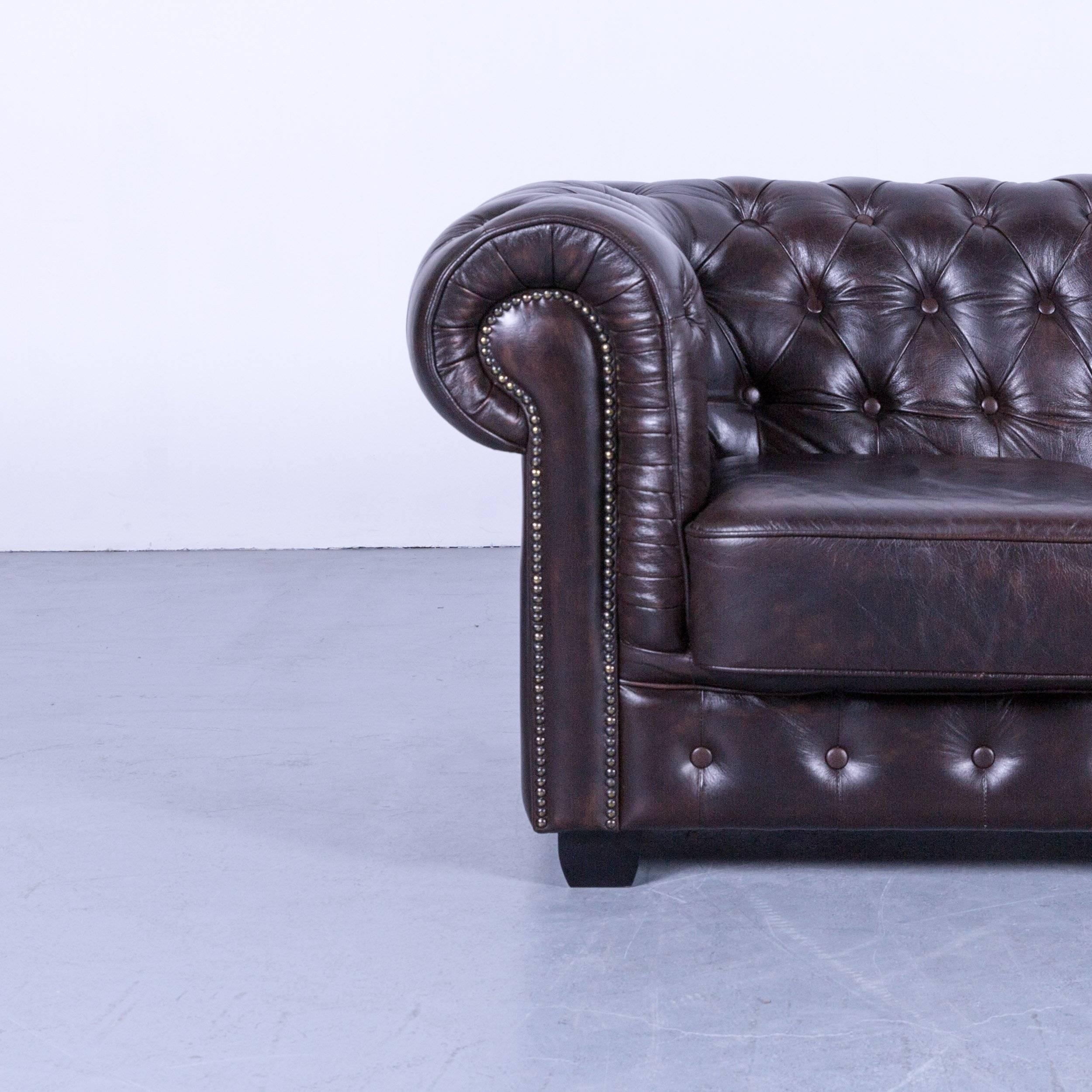 British Chesterfield Three-Seat Sofa Brown Vintage Retro Handmade Rivets For Sale