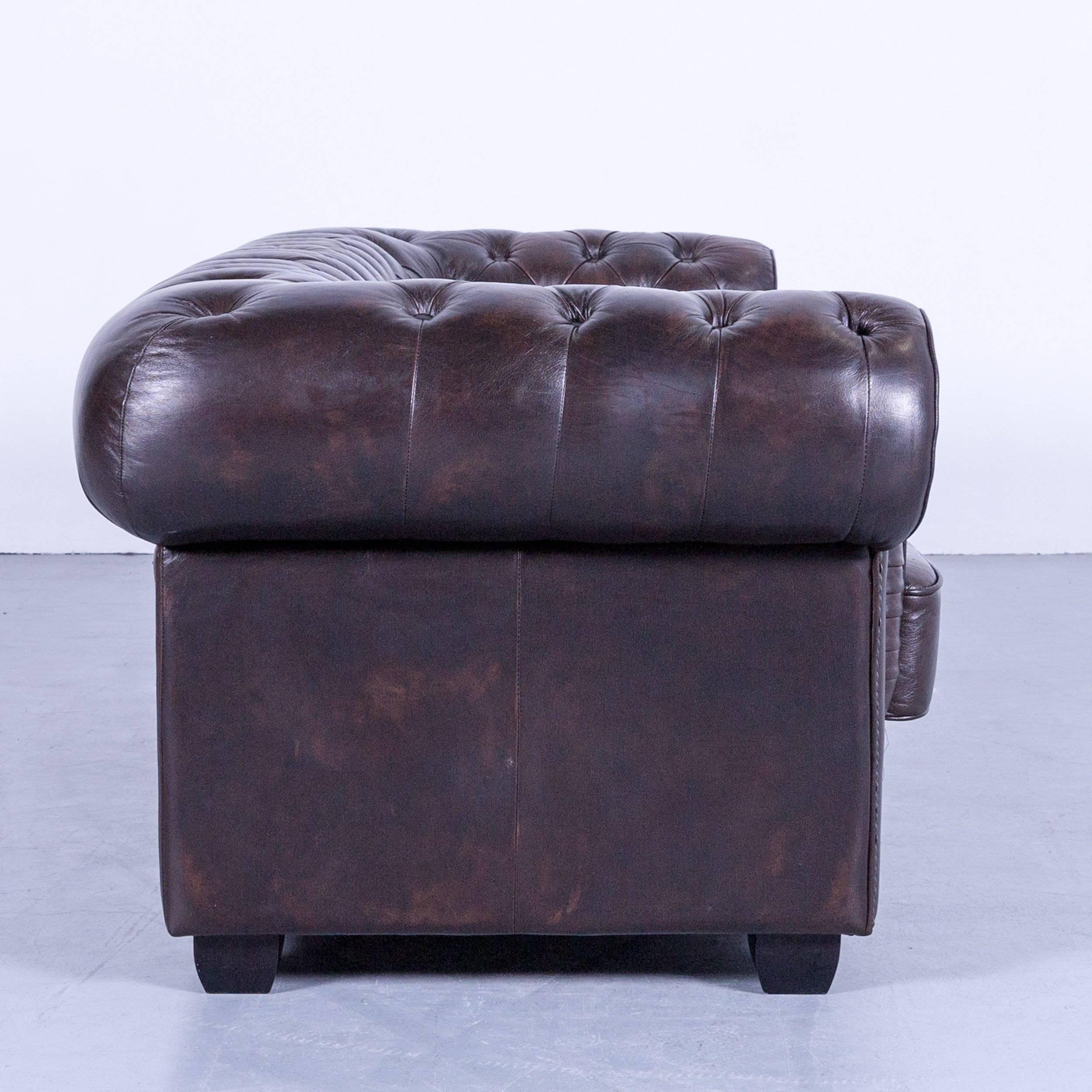 Chesterfield Three-Seat Sofa Brown Vintage Retro Handmade Rivets For Sale 3