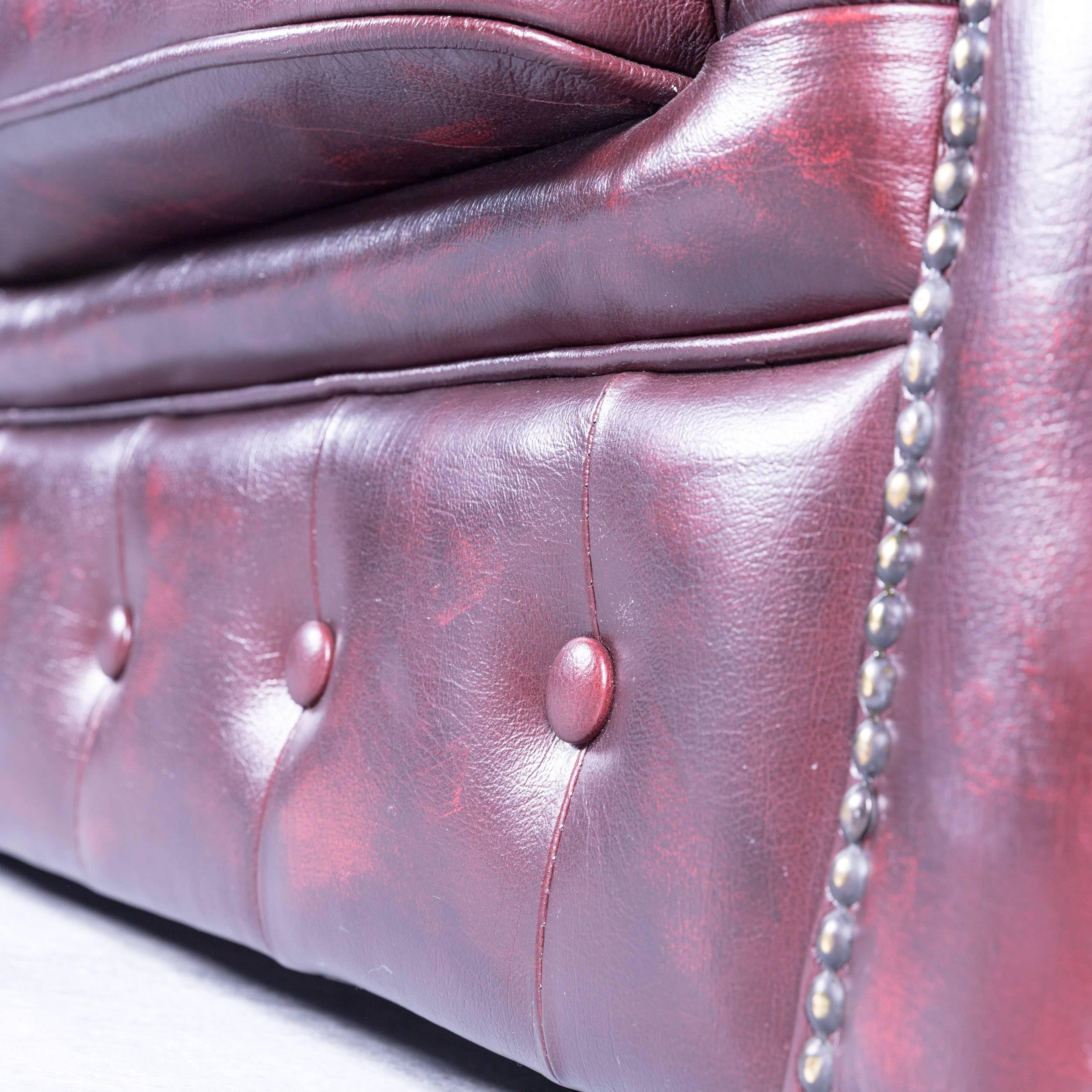 British Chesterfield Three-Seat Sofa Red Leather Couch Vintage Retro Rivets
