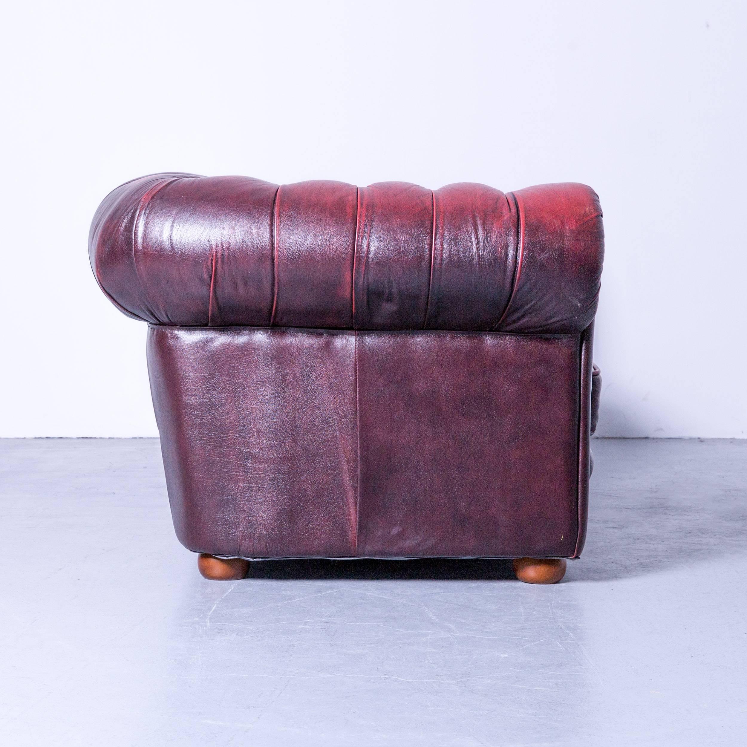 Chesterfield Three-Seat Sofa Red Leather Couch Vintage Retro Rivets 1