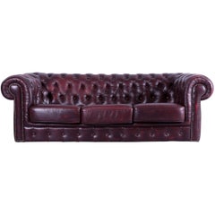 Chesterfield Three-Seat Sofa Red Leather Couch Vintage Retro Rivets