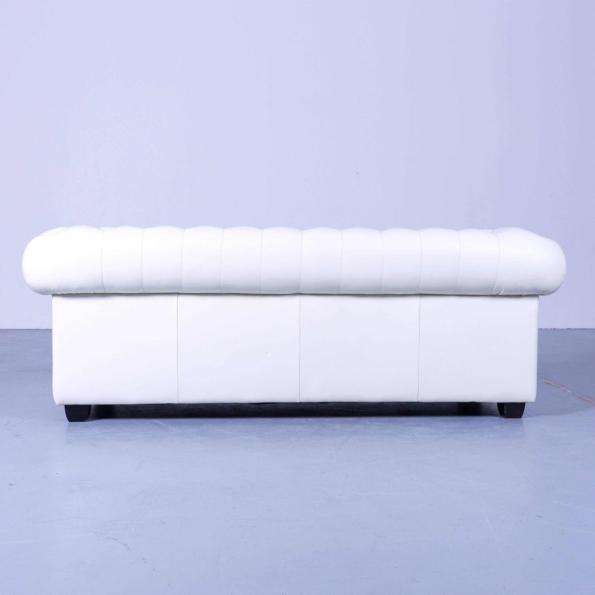 Chesterfield Three-Seat Sofa Set of Two White Leather Couch Vintage Retro Rivets For Sale 5