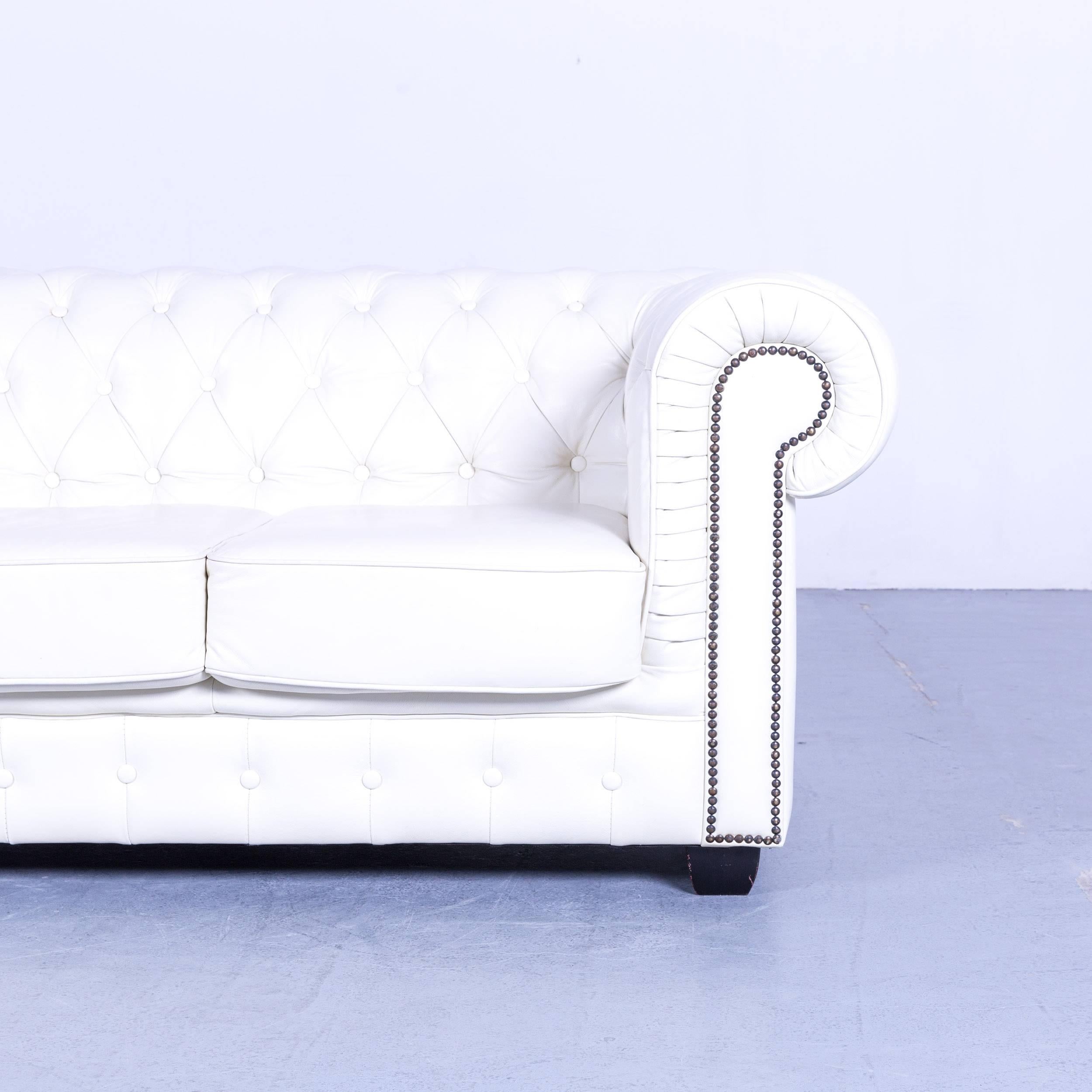 British Chesterfield Three-Seat Sofa Set of Two White Leather Couch Vintage Retro Rivets For Sale