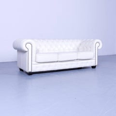 Chesterfield Three-Seat Sofa White Leather Couch Vintage Retro Rivets