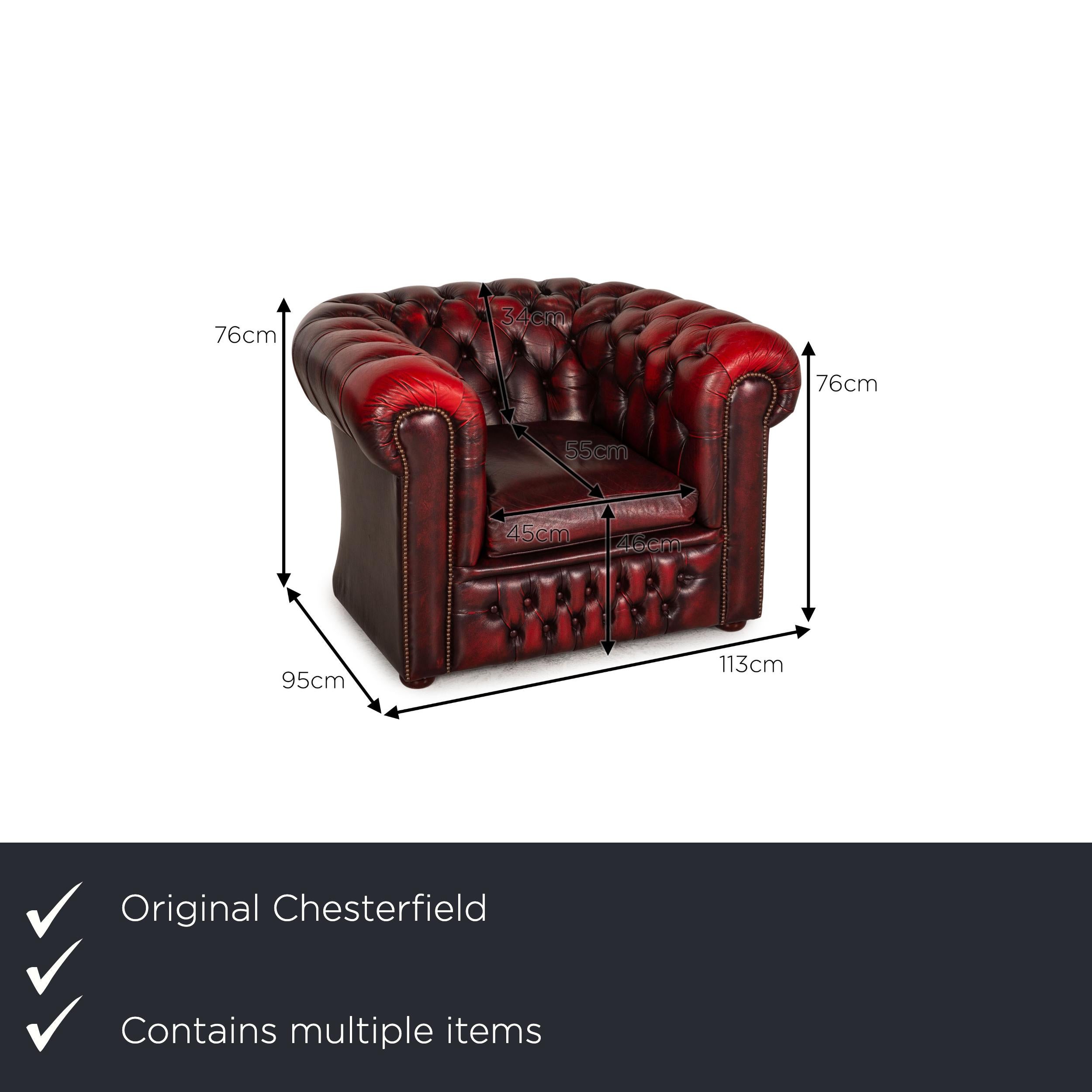 We present to you a Chesterfield Tudor leather armchair set dark red.

Product measurements in centimeters:

depth: 95
width: 113
height: 76
seat height: 46
rest height: 76
seat depth: 55
seat width: 45
back height: 34.

 
