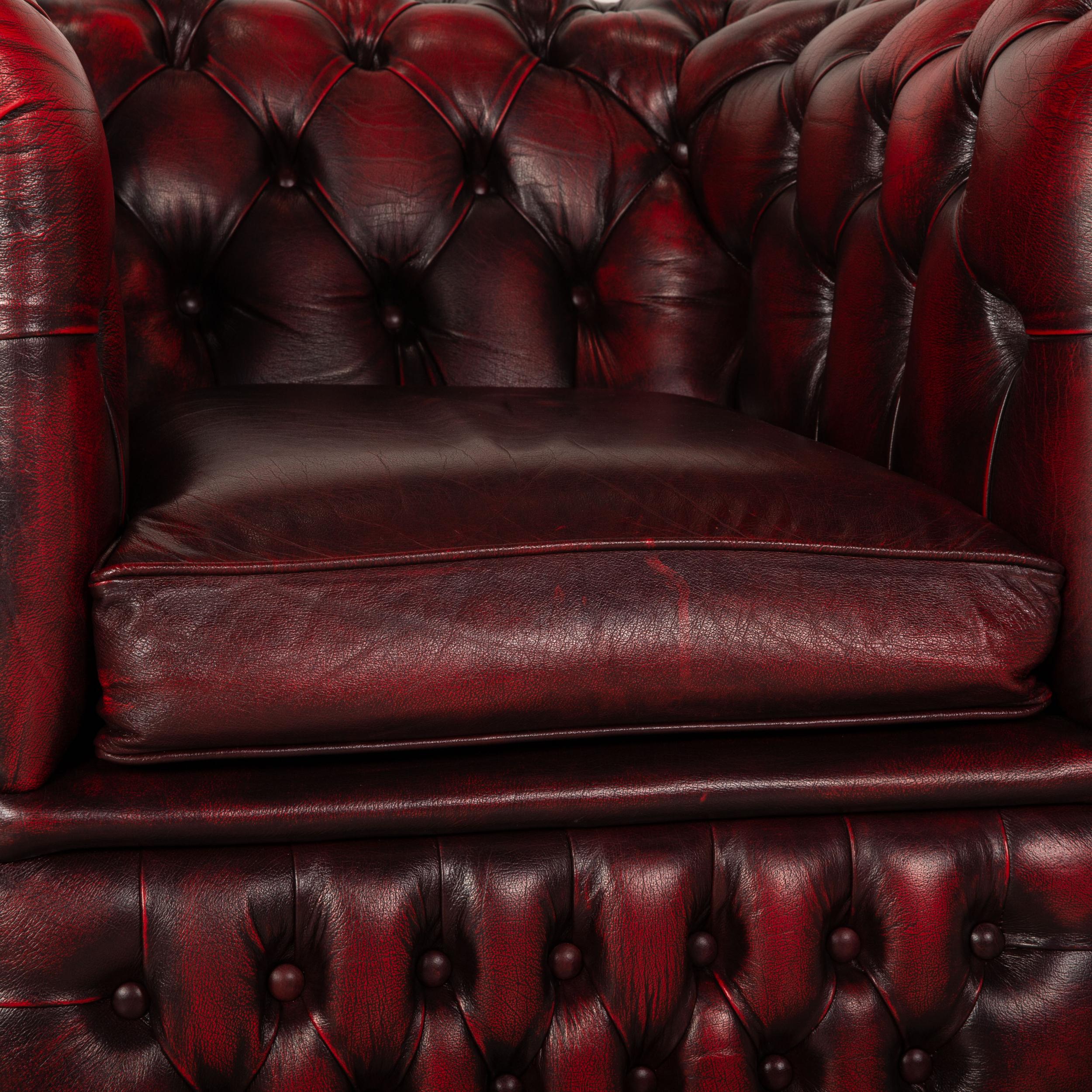 British Chesterfield Tudor Leather Armchair Set Dark Red