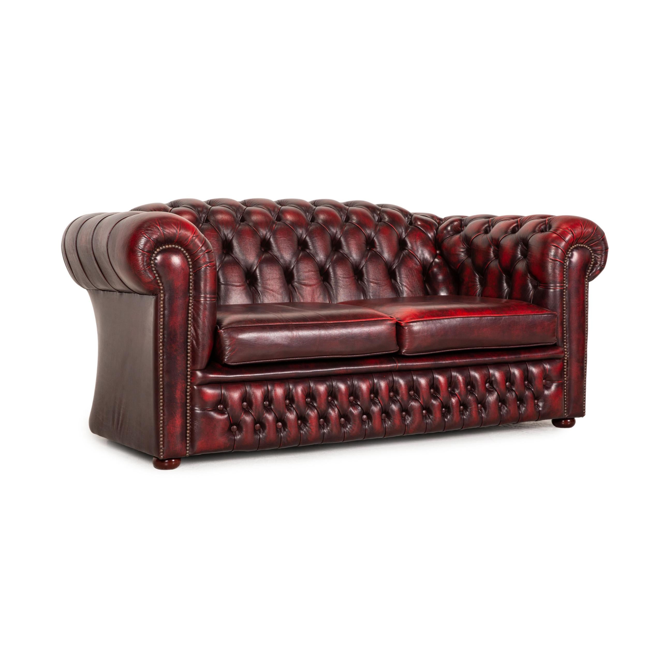 Contemporary Chesterfield Tudor Leather Sofa Dark Red Two Seater Couch
